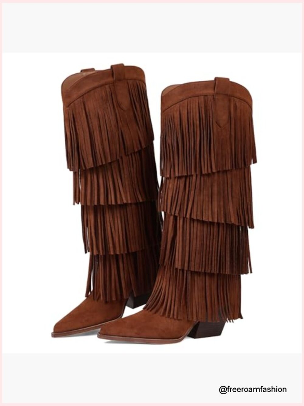 Knee High Fringe Cowboy Boots Chunky Heel Western Pointed Toe Slip On Wide Calf - Picture 6 of 7